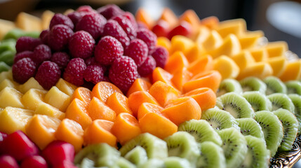 A luxurious fruit platter with fruits cut into intricate shapes, perfect for a high-end event or a sophisticated brunch.