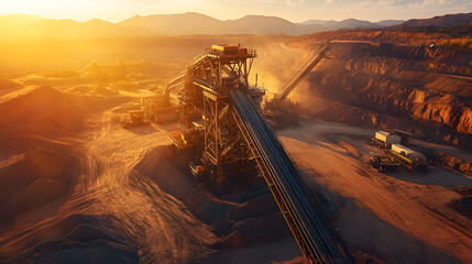 A dynamic view of a modern gold mine with excavators and conveyor systems efficiently moving ore through various stages of the mining process.