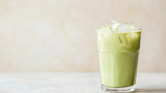   A refreshing green elixir in a high glass over ice, set against a pristine white table and a warm beige backdrop
