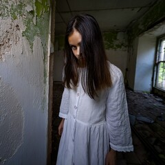 Ein gruselig wirkendes Mädchen im weißen Gewand in einem verlassenen alten Haus mit abblätterndem Putz an den Wänden.