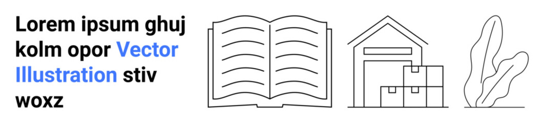 Open book, warehouse with stacked boxes, and a plant. Ideal for learning, storage, reading, logistics, organization, business and simple landing page