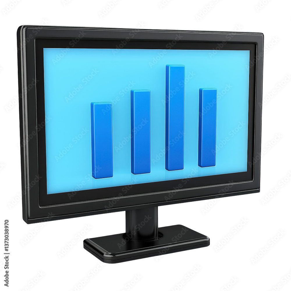 Poster graphical monitor displaying blue bars on screen, showcasing data visualization and analytics.
