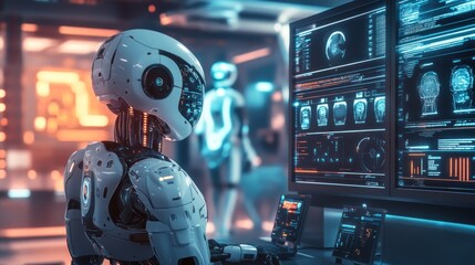 Fototapeta premium Futuristic AI robotics lab with robotic workers and digital interfaces for scientific research