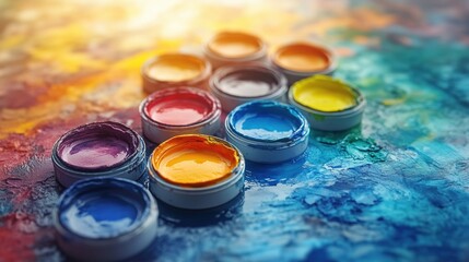 Artistic arrangement of open paint jars on multicolored textured surface with dramatic lighting