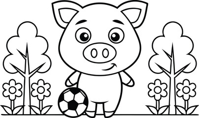 Outlined Pig with Football, Flowers, and Trees on Transparent Background
