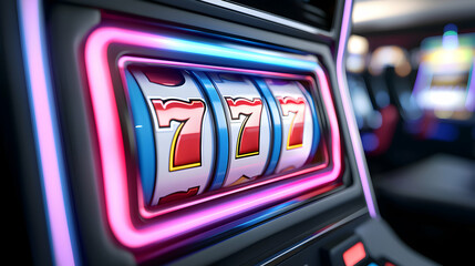 Close Up Of A Slot Machine With Glowing Neon Lights Displaying 777 Jackpot