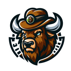 A cartoon bison logo as an emblem or sticker, crafted in EPS10 vector graphics format, perfect for branding with a fun, friendly, and memorable wild animal design.