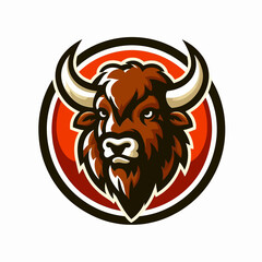A cartoon bison logo as an emblem or sticker, crafted in EPS10 vector graphics format, perfect for branding with a fun, friendly, and memorable wild animal design. © drawscontent