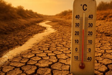 Thermometer in dried riverbed under intense heat