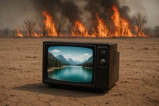Burning forest behind TV showing serene lake and mountains - global warming - Powered by Adobe