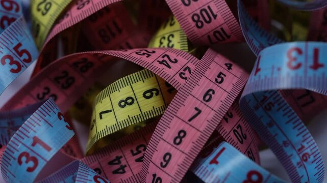 A pile of colorful tape measures. Close up.