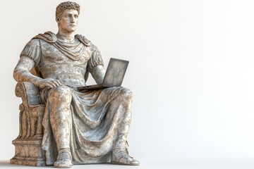An isolated white gypsum statue of an ancient man with a laptop, displayed on a white background