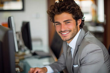 Fototapeta premium Young attorney expertly works in his office, beaming with confidence as he types away on his computer.