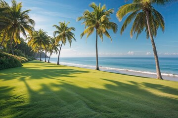 Fototapeta premium Lush Summer Coast with Soft Focus Lawn and Swaying Palm Trees Under a Clear Blue Sky