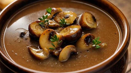 Savory mushroom soup served in a bowl with fresh herbs and rich texture for autumn dining