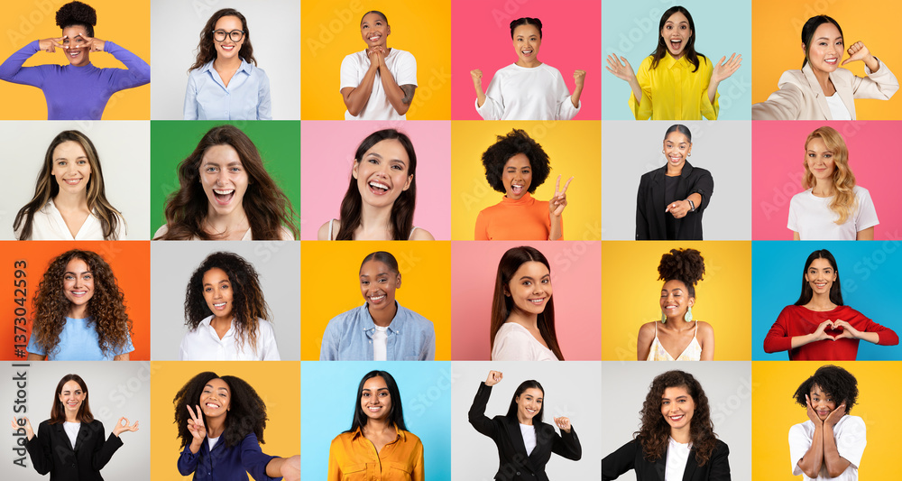 Poster a vibrant collage features women from various backgrounds joyfully interacting. they display a range