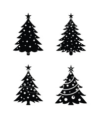 A set of four decorated Christmas tree vector silhouette designs. Simple collection. Isolated bundle on white background.