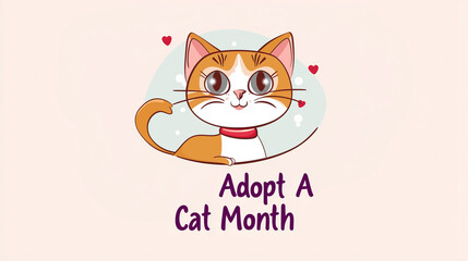 simple playful illustration, appeling design and colors, cute cat, text " Adopt A Cat Month". Cute adorable pet, love for animals.