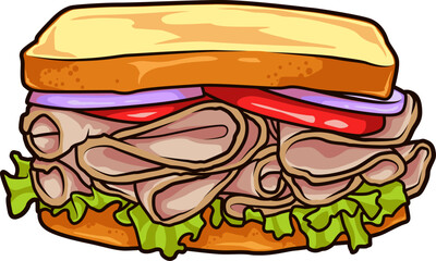 Frisches Sandwich mit zartem Putenfleisch, knackigem Salat, Tomate und Zwiebel – ein leichter und klassischer Snack.
