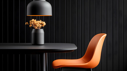 Modern Minimalist Interior Design with Orange Chair and Black Table