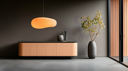 Modern Minimalist Interior Design with Wooden Cabinet and Pendant Lamp
