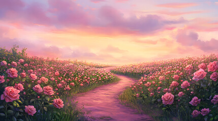 Obraz premium A peaceful view of rose fields with winding paths meandering through the lush flowers, under a soft pastel sky at dusk.