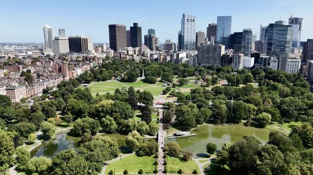 Christopher Columbus Park in Boston. A sunny summer day with the Boston skyline. Massachusetts, USA.