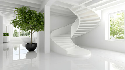 Modern White Interior with Spiral Staircase and Potted Plants