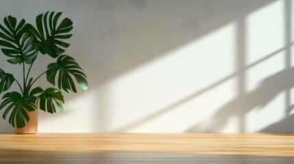 Monstera Plant on Wooden Table with Sunlight and Shadows