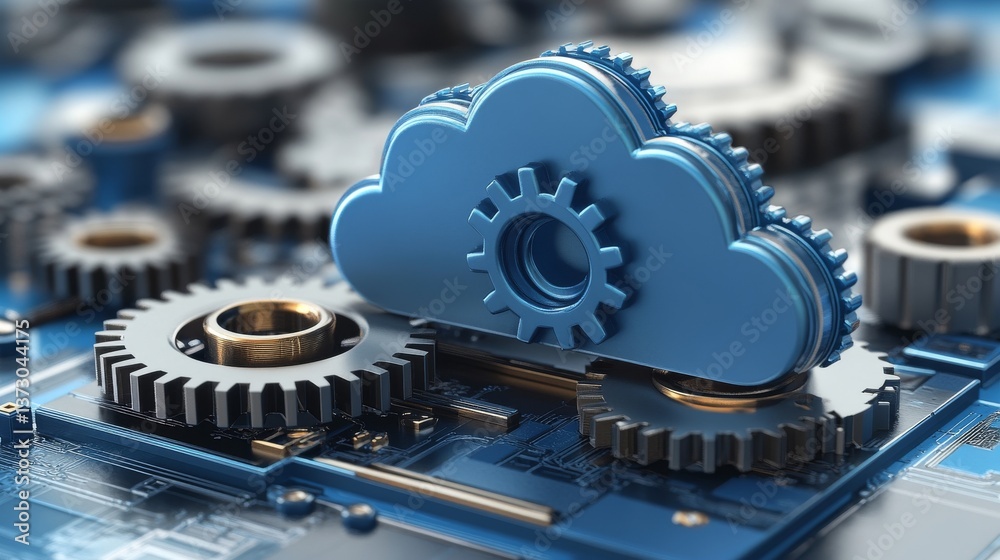 Poster a cloud computing icon with stylized gears and arrows, symbolizing advanced and efficient solutions 