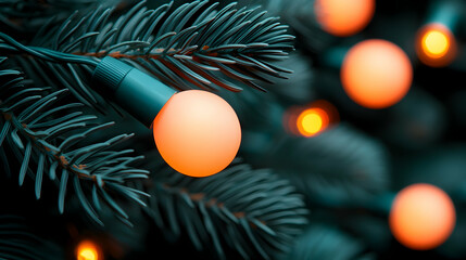 Orange Christmas Lights on Dark Green Branches