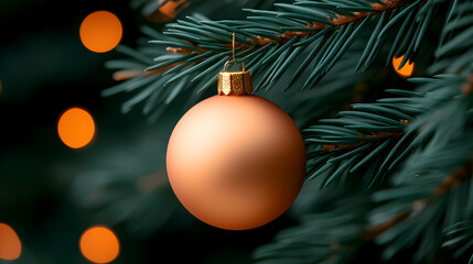 Orange Christmas Ornament on a Green Tree Branch