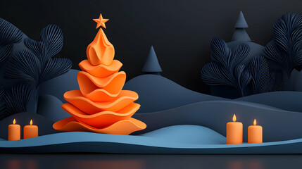 Orange Geometric Christmas Tree with Candles in Dark Blue Winter Scene