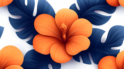 Orange Hibiscus Flowers and Blue Leaves Pattern