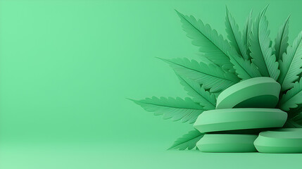 Pastel Green Leaves and Pills on a Green Background