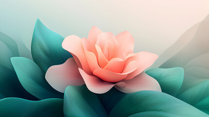 Pastel Pink Flower with Teal Leaves Soft Light Artistic Illustration