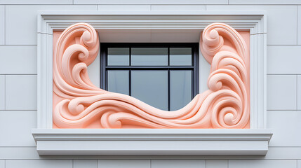 Pastel Pink Ornate Window Detail on White Building Exterior