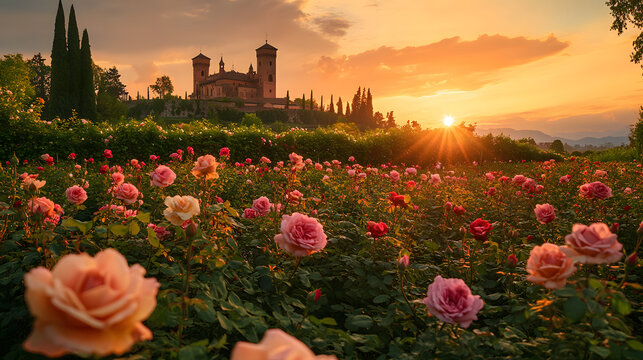 A picturesque rose garden with a historic castle in the background, the flowers in full bloom under the soft light of a setting sun.