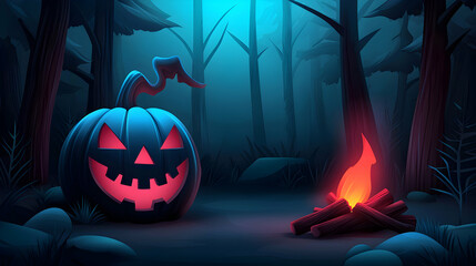 Pixel Art Halloween Pumpkin in a Dark Blue Forest with Campfire