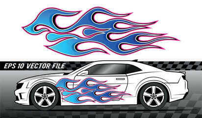 Tribal fire flame electric race car body side vinyl sticker vector eps art image file. Burning tires and flames sport car decal.