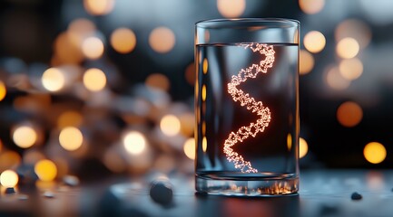 Glowing spiral light trail captured in glass container against blurred bokeh background creates magical atmosphere. Artistic light painting photography.
