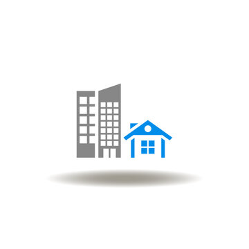 Vector illustration of skyscrapers and house building. Symbol of housing archtecture construction. Icon of BIM.