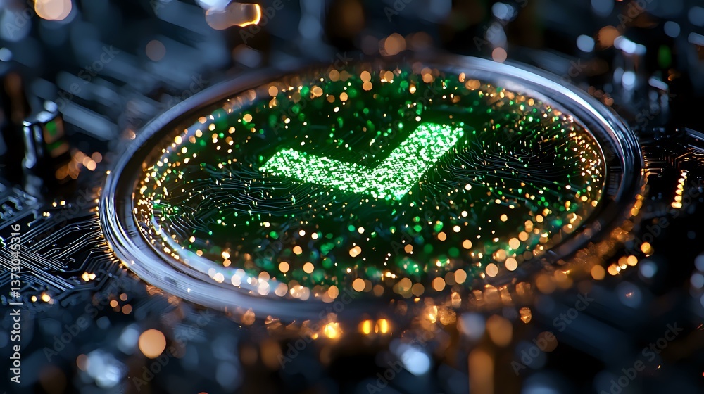Poster glowing green checkmark symbol on dark circuit board with bokeh light effects and selective focus, r