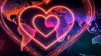Vibrant digital heart shape overlaying a world map, representing global love and connectivity in a tech-inspired background - Powered by Adobe
