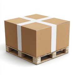 A white background isolates a pallet stacked with cardboard boxes