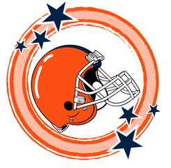 Orange and navy blue round frame with stars and football helmet, sport vector graphics, retro style - art illustration - multicolor