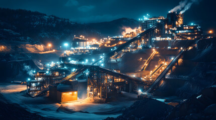 A powerful mining facility illuminated at night with machinery and technology working together to process ores and extract minerals.