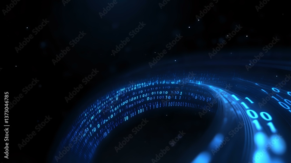 Poster glowing blue binary code stream in dark space creates futuristic digital tunnel effect with motion b