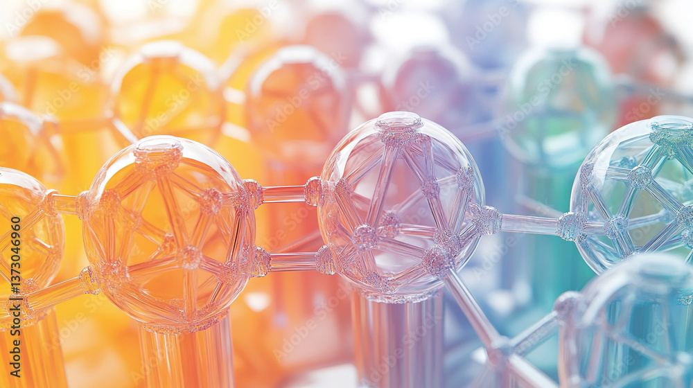 Poster Close-up of glass spheres connected by thin tubes, creating complex network structure showcasing concept of connection, molecular structure or advanced technology, ideal for science or tech background