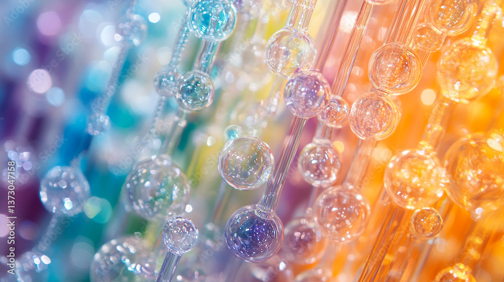 Poster close-up of colorful glass spheres on transparent rods, creating an abstract, iridescent texture, sh